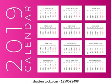 Year 2019 calendar, horizontal vector design template, simple and clean design. A4 paper format, calendar for 2019 on white background for company and business. Week starts on Monday. 