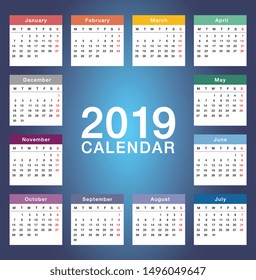 Year 2019 calendar horizontal vector design template, simple and clean design. Calendar for 2019 on White Background for organization and business. Week Starts Monday.