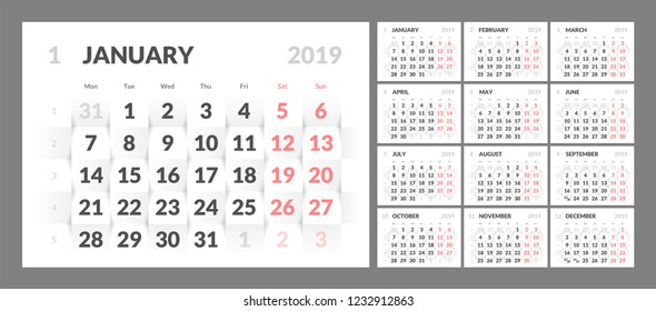 Year 2019 calendar on white abstract texture. Vector background 3d paper art style. Horizontal design template with numbers of days of weeks. Week Starts Monday.