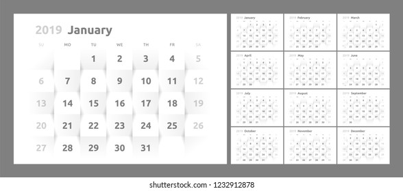 Year 2019 calendar on white abstract texture. Vector background 3d paper art style. Horizontal design template. Week Starts Sunday.