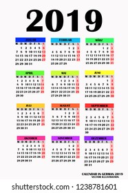 Year 2019 calendar. Simple design for calendar 2019. Calendar on White Background for organization and business. Week Starts Monday. Calendar in german language for 2019 year. Vector.