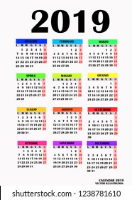 Year 2019 calendar. Simple design for calendar 2019. Calendar on White Background for organization and business. Week Starts Monday. Calendar in italian language for 2019 year. Vector.