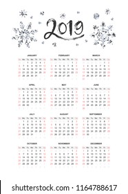 Year 2019 calendar template decorated with hand written date and snowfields, isolated on white. Vector illustration.