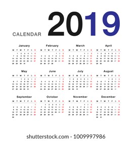 Year 2019 calendar vector design template, simple and clean design. Calendar for 2019 on White Background for organization and business. Week Starts Monday. Simple Vector Template. EPS10. 