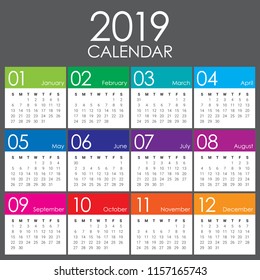 Year 2019 calendar vector design template, simple and clean design