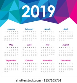 Year 2019 calendar vector design template, simple and clean design