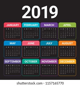 Year 2019 calendar vector design template, simple and clean design
