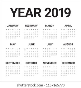 Year 2019 calendar vector design template, simple and clean design