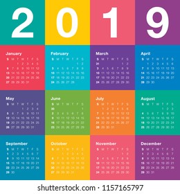 Year 2019 calendar vector design template, simple and clean design