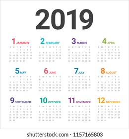Year 2019 calendar vector design template, simple and clean design