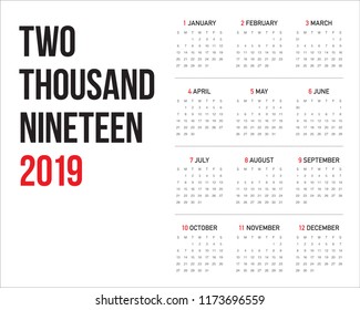 Year 2019 calendar vector design template, simple and clean design