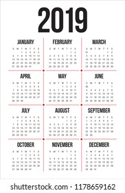 Year 2019 calendar vector design template, simple and clean design