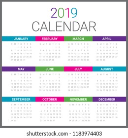 Year 2019 calendar vector design template, simple and clean design