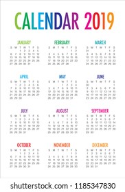 Year 2019 calendar vector design template, simple and clean design