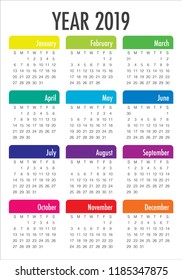 Year 2019 calendar vector design template, simple and clean design