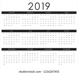 Year 2019 calendar vector design template, simple and white background for organization and business. Week starts monday