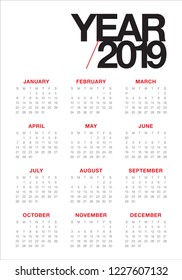 Year 2019 calendar vector design template, simple and clean design