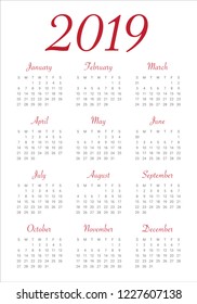 Year 2019 calendar vector design template, simple and clean design
