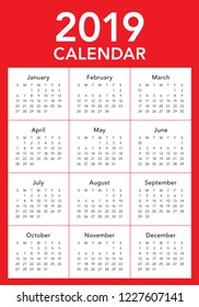 Year 2019 calendar vector design template, simple and clean design