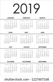 Year 2019 calendar vector design template, simple and clean design