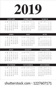 Year 2019 calendar vector design template, simple and clean design