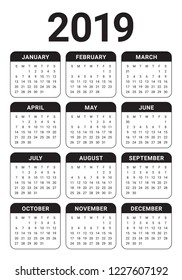 Year 2019 calendar vector design template, simple and clean design