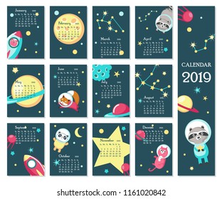 Year 2019 calendar vector template. Yearly calendar showing months with cute space animals, rockets, planets, constellations.