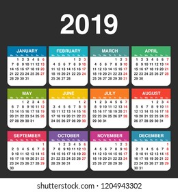 Year 2019. Calendar vector template. Week starts on Monday. Colorful grid.