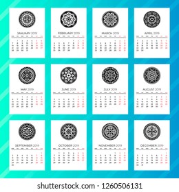 Year 2019 calendar, vertical vector design template, simple and clean design in English. A4 paper format, calendar for 2019 on white background for company and business. Week starts on Monday. 
