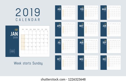 Year 2019 calendar, weeks start Sunday - Vector template.