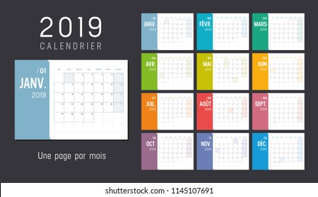 Year 2019 colorful calendar, in French language, weeks start Sunday - Vector template.