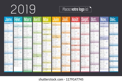 Year 2019 colorful calendar, in French language, on black background. Vector template