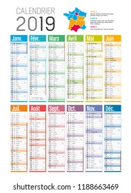 Year 2019 colorful calendar, in French language, on white background. Vector template