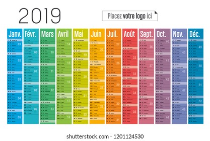 Year 2019 colorful calendar, in French language, on white background. Vector template