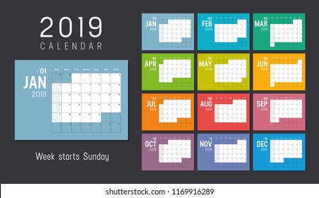 Year 2019 colorful calendar, weeks start Sunday - Vector template.