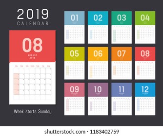 Year 2019 colorful calendar, weeks start Sunday - Vector template.