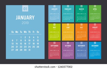 Year 2019 colorful minimalist calendar on black background. Week starts Sunday. Vector template.