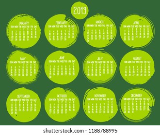 Year 2019 contemporary vector monthly calendar. Week starting from Sunday. Hand drawn green brush stroke circle design.