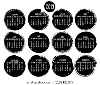 Year 2019 contemporary vector monthly calendar. Week starting from Sunday. Hand drawn brush stroke circle design in black over white background.