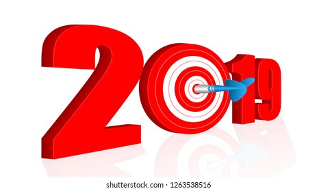 year 2019 with Dart Target. on a white background. 3D Illustration