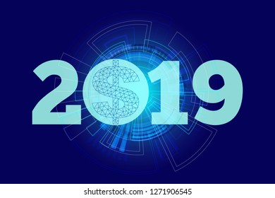 Year 2019 Digital money with blue technology graphic background