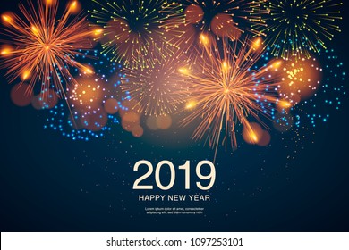 The year 2019 displayed with fireworks and strobes. New year and holidays concept