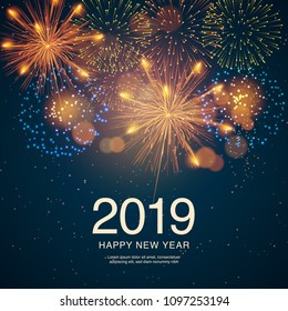 The year 2019 displayed with fireworks and strobes. New year and holidays concept