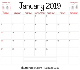 Year 2019 January Planner - A monthly planner calendar for January 2019 on white. A custom handwritten style is used.