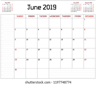 Year 2019 June planner - A monthly planner calendar for June 2019 on white background. A custom straight lines thick font is used.