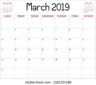 Year 2019 March Planner - A monthly planner calendar for March 2019 on white. A custom handwritten style is used.