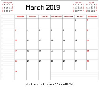 Year 2019 March planner - A monthly planner calendar for March 2019 on white background. A custom straight lines thick font is used.