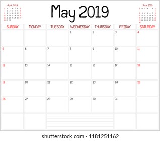 Year 2019 May Planner - A monthly planner calendar for May 2019 on white. A custom handwritten style is used.
