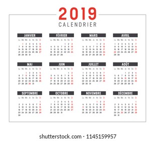 Year 2019 minimalist black and red calendar, in French language, on white background. Vector template.