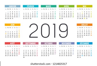 Year 2019 minimalist colorful calendar, in French language, on white background.